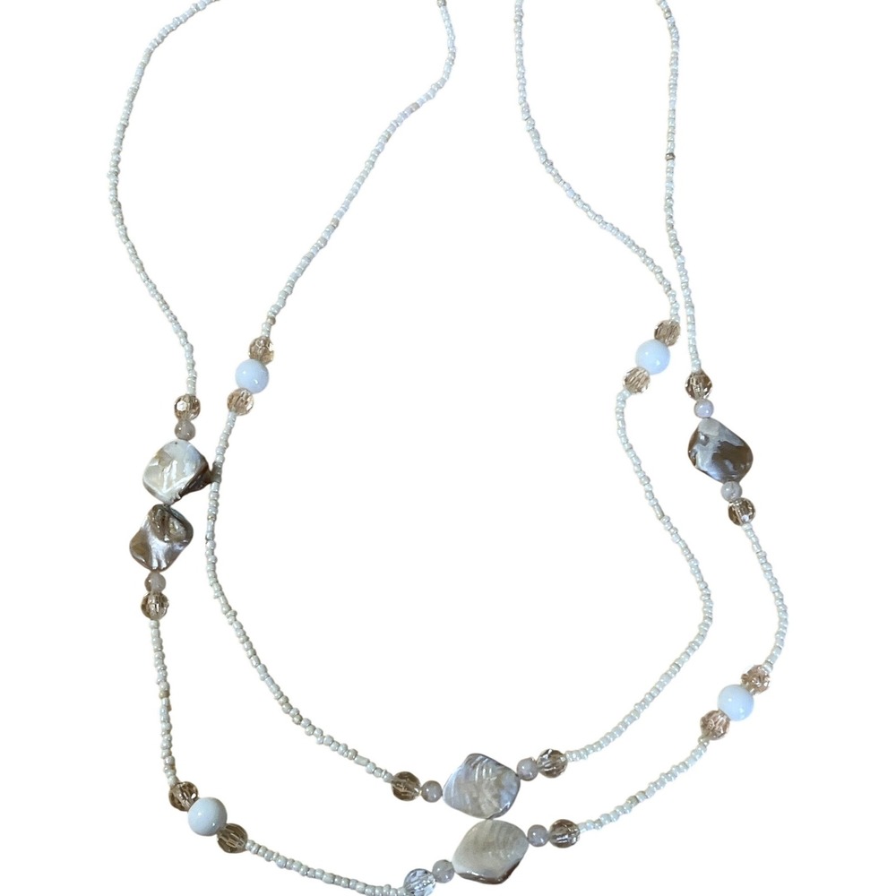 Long Beaded‎ Necklace Shell Accents White Cream Layered Boho Beach Vacation